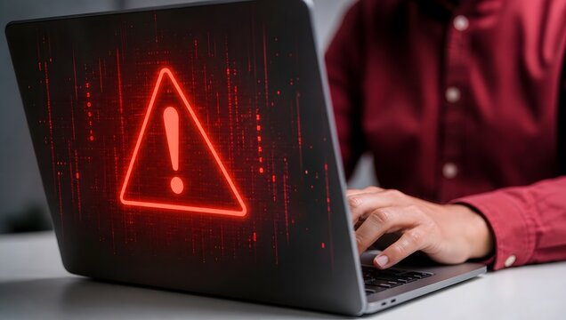 Person working on laptop with glowing red warning triangle alert symbol on screen.