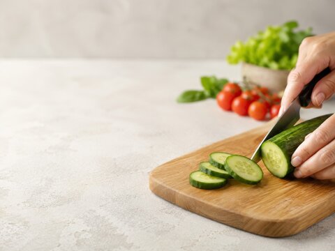 Preparaci&oacute;n de ensalada con pepino fresco, tomates y lechuga en una cocina