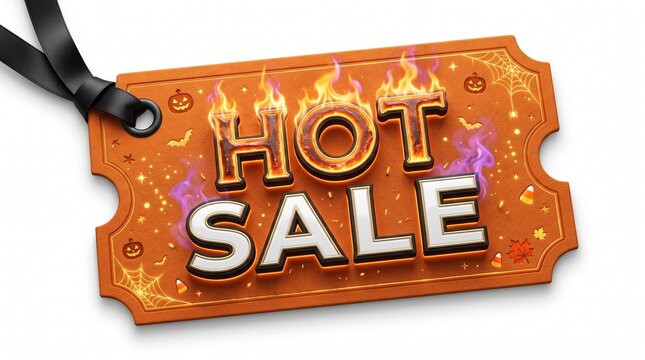 Exciting Hot Sale orange tag illustration with dynamic flames and festive autumn spooky decorations for special offers
