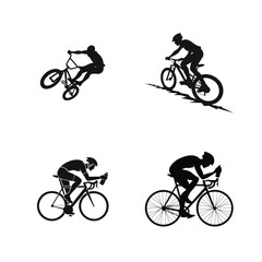 Obraz premium Black Silhouette Collection of Cyclists Riding Bicycles in Various Dynamic Poses on White Background