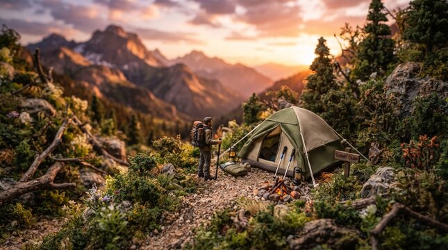 Hiking and camping scene in a mountain range at sunset