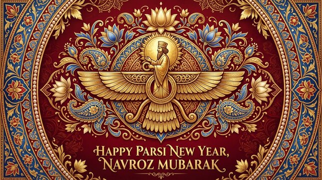 Ornate Faravahar Symbol with Traditional Persian Art for Parsi New Year Navroz Celebration