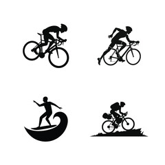 Naklejka premium Black Silhouette Icons of People Cycling and Surfing on a White Background for Sports Design