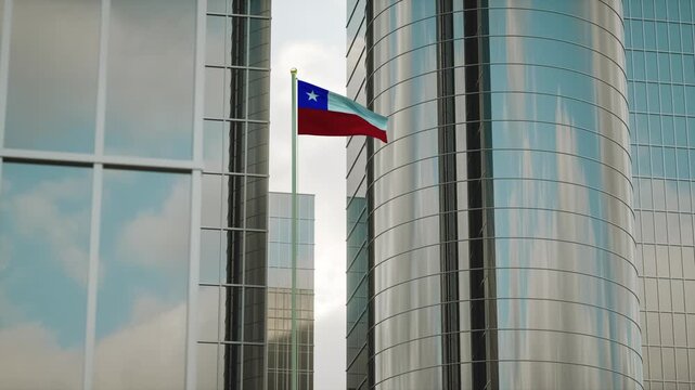 Chile Flag 3D Render Animation on Pole with City Buildings