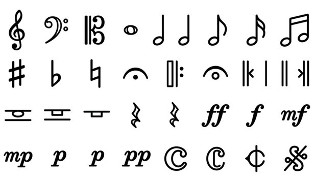 Music Note and Sheet Music Symbols Editable Stroke Vector Set