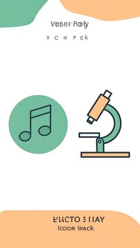 Creative conceptual design featuring music and science icons on abstract background.