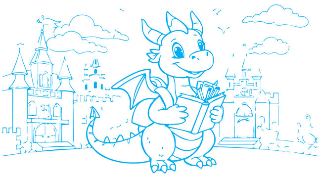 Friendly baby dragon attending a fantasy school, reading books, carrying backpack, magical pencils, castle classroom, stars and clouds, black and white coloring page vector