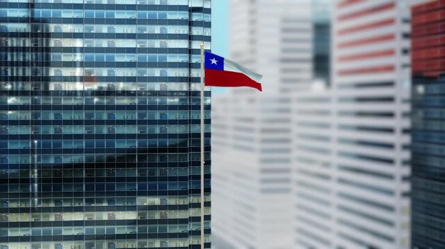 Chile Flag 3D Render Animation on Pole with Modern City Buildings - Shallow Depth of Field, Daytime View