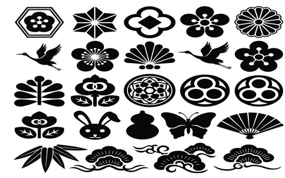 Collection of traditional japanese kamon family crest symbols and nature motifs