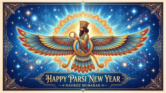 Radiant Faravahar Symbol Celebrating Parsi New Year Heritage for Navroz Festival Greeting Design