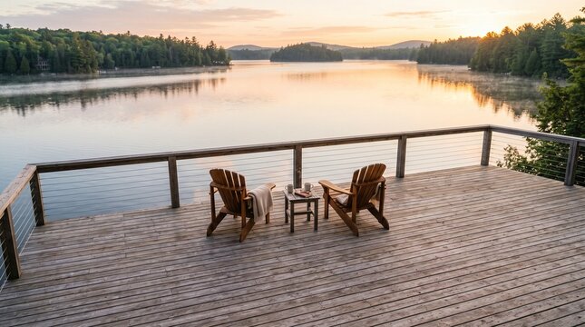 Two wooden chairs on a sunlit porch overlooking a calm lake at dawn