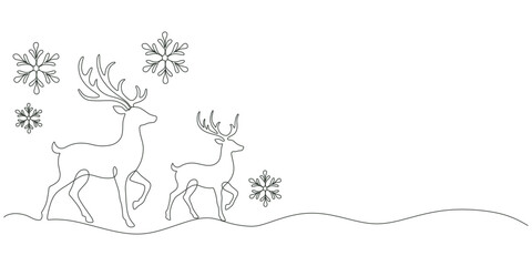 One line drawing of Christmas reindeer family walking in winter snow with snowflakes, continuous minimalist line art vector background © Art Ris