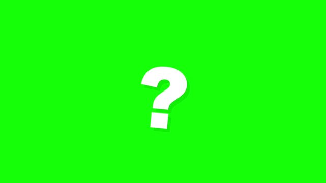 Three white question mark symbols isolated on a bright solid green chroma key background