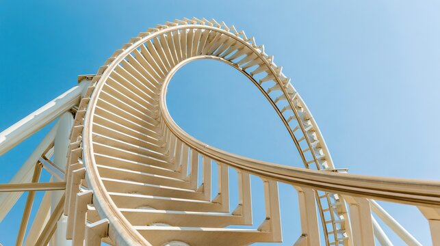 uriel. An empty roller coaster track curving sharply downwards against a blue sky. real-estate listings, architecture portfolios, designed for interior renovation comparisons for interiors.