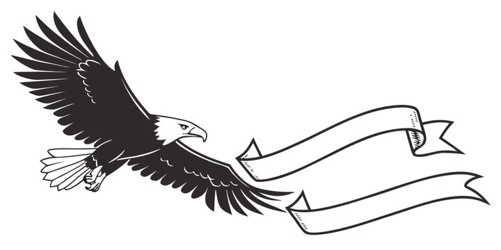 Minimalist black silhouette of eagle carrying ribbon bird wings talons