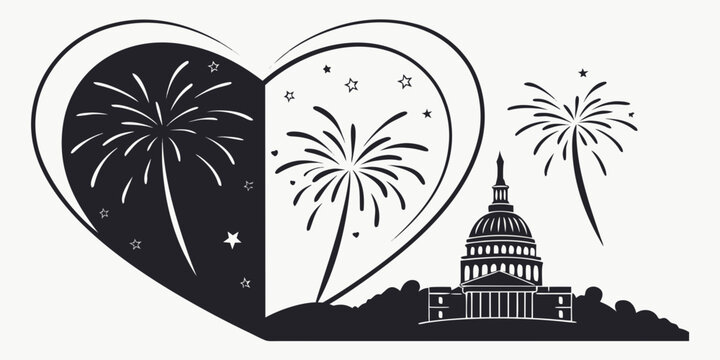 Minimalist black silhouette of fireworks over capitol building at night sky celebration