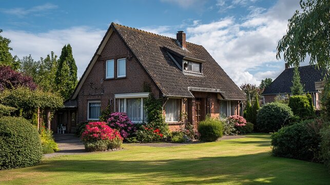 detached. Charming brick house with a pitched roof surrounded by lush lawn, embodying cozy suburban living. real-estate listings.