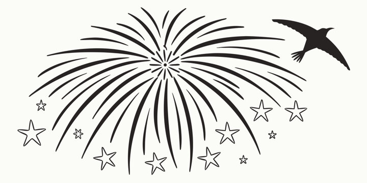 Black silhouette of exploding fireworks with stars and sparkles