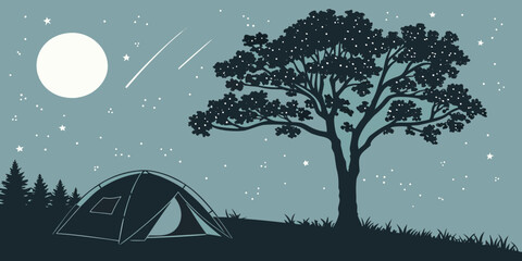 Minimal black silhouette of camping tent under full moon night sky ©  MST RABEYA  BEGUM