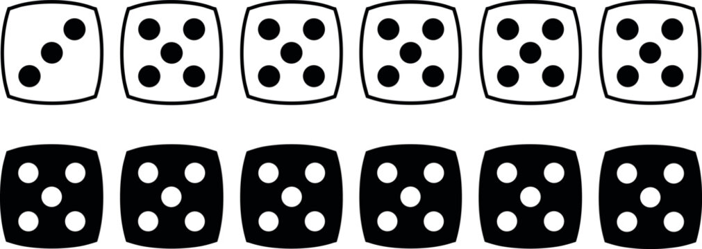 Black and white flat dice vector icon set showing single pips and number five combinations for board games on white background