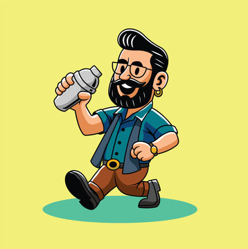 Retro cartoon hipster bartender mascot character with beard and glasses shaking a cocktail shaker.