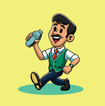 Vintage retro cartoon bartender mascot character with mustache holding a cocktail shaker while walking happily