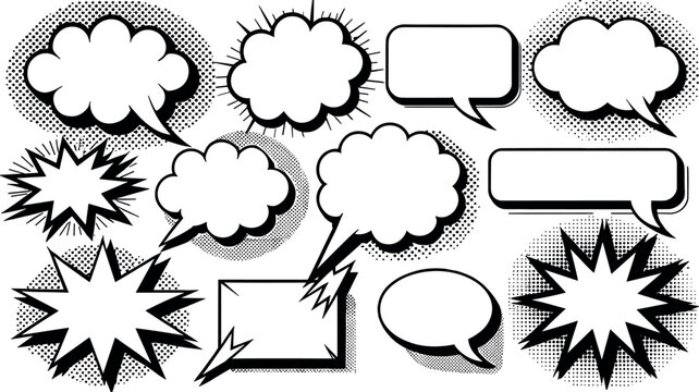 Comic speech bubble vector set with pop art halftone dots explosion clouds and retro dialogue balloons