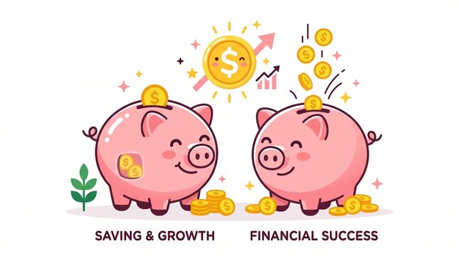 Two pink piggy banks with yellow coins symbolizing saving, wealth growth, and financial success in cheerful minimalist illustration.