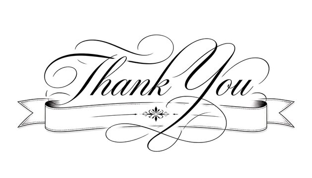 Elegant greeting card composition featuring the words 'Thank You' in refined hand-inked black copperplate calligraphy with graceful flourishing swashes, balanced on a minimalist horizontal ribbon