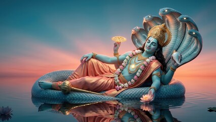 Fototapeta premium Lord Vishnu Anantashayana – Twilight Cosmic Ocean Scene