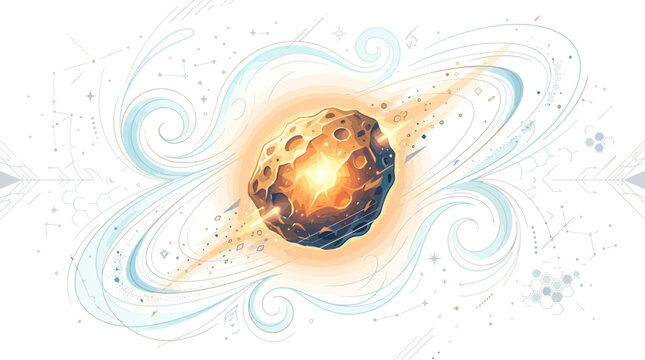 Glowing asteroid in space with swirling blue lines and stars