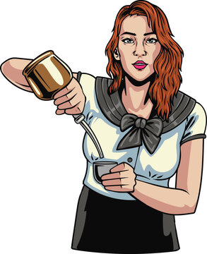 Detailed vintage hand drawn illustration of a female barista or bartender pouring milk or liquid into a cup