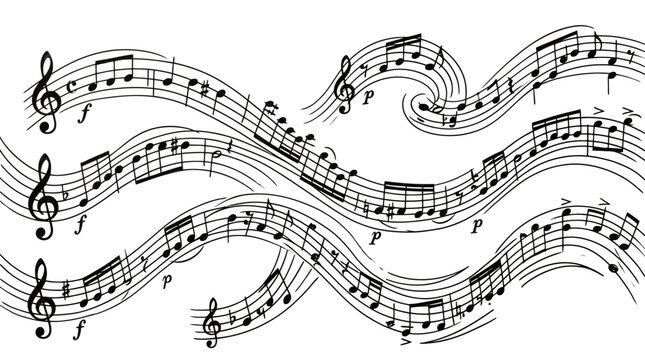 Musical notes on wavy staff lines, flowing black sheet music melody vector, elegant classical song notation on white background