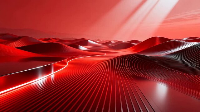 Red abstract wavy landscape with glowing lines