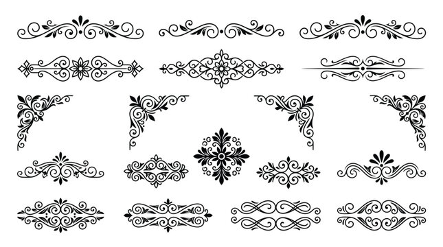 Vintage floral ornaments and filigree dividers, 18 decorative scroll elements in black vector, elegant wedding invitation borders and page headers
