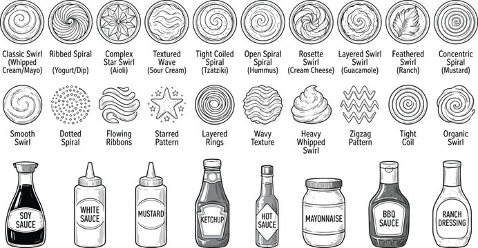 Culinary sauce bottles and cream swirl texture textures collection set with ketchup mayonnaise mustard soy bbq sauce sketch vector illustration