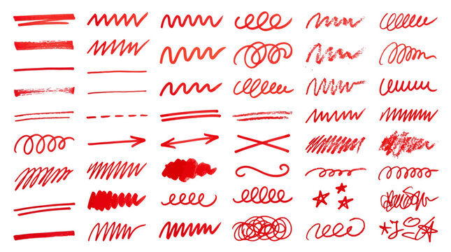 Red marker pen strokes and hand drawn scribbles, collection of 42 felt tip highlighter underlines and arrows, messy ink doodle vector elements