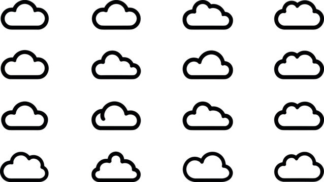Bold cloud line icon set featuring clean black outlines for weather forecasting and digital computing apps
