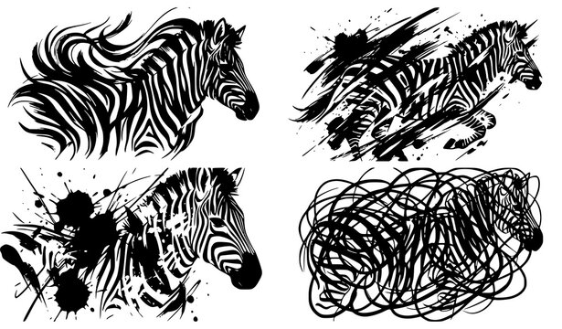 Expressive Zebra Head and Abstract Ink Splash Animal Illustration Collection with Artistic Brush Strokes