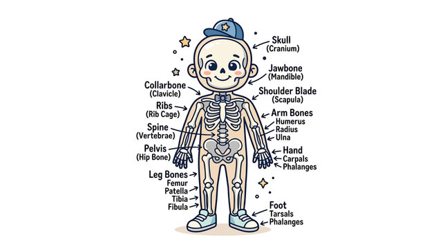 Cute Cartoon Human Skeleton Anatomy for Kids, Labeled Body Parts