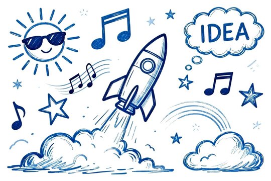Rocket Launch with Music and Idea Cloud