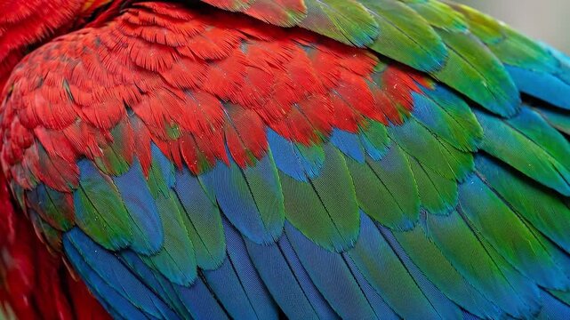 Slow pan close up of macaw parrot wing feathers ruffling and shifting on colorful plumage in studio indoor setting with neutral background and soft daylight