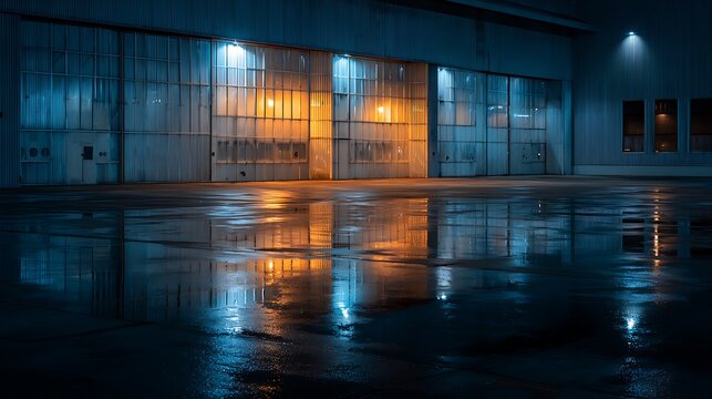Night View of Industrial Warehouse Building Exterior with Reflections on Wet Pavement.