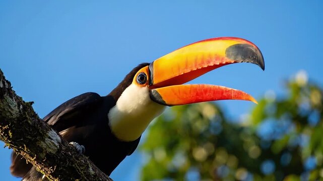 Tracking shot of toucan opening and closing beak while perched on tree branch in jungle canopy with bright daytime sky, portrait of tropical bird behavior