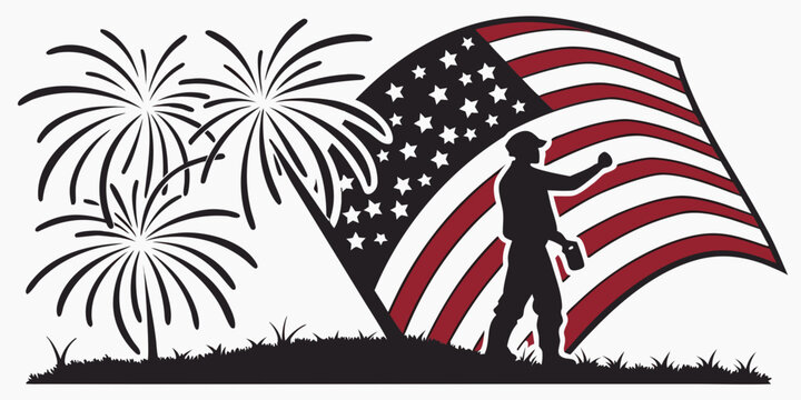 Black silhouette of fireworks burst over patriotic background, with eagle american flag
