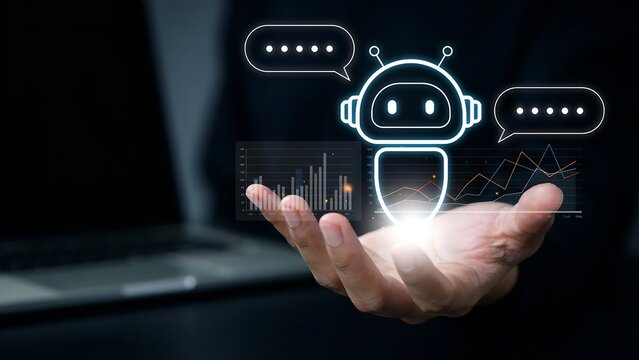 AI Chatbot Hand Held: A conceptual image of an AI chatbot icon floating above an open hand, symbolizing artificial intelligence and digital communication.