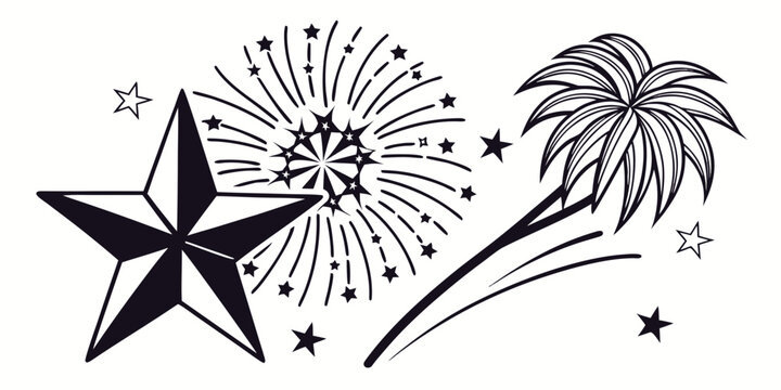Black silhouette of fireworks burst shaped like a chrysanthemum shape night sky