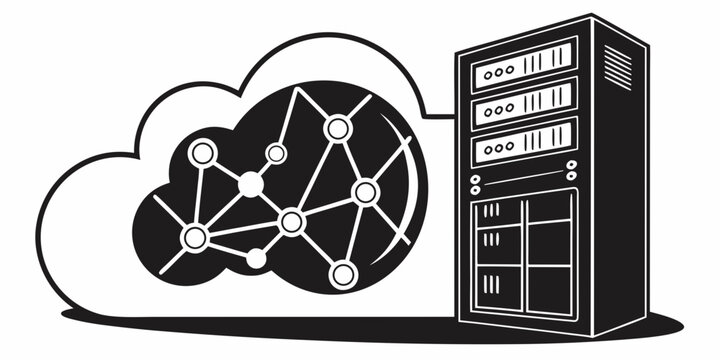 Black silhouette of cloud server with network connections and data storage binary code