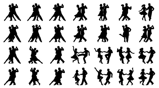 Dancing Silhouettes in Various Ballroom Poses on White Background Featuring Tango, Waltz, Couple with Dance and Movement Elements