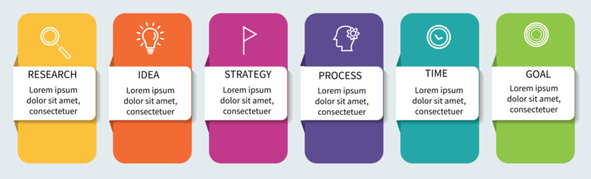 Concept of arrow business model with 6 successive steps. Six colorful graphic elements. Timeline design for brochure, presentation. Infographic design layout 